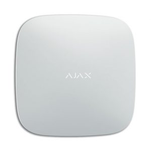 Ajax HUBPLUS-W unità centrale bianca con connessione GSM, Ethernet e Wi-Fi.